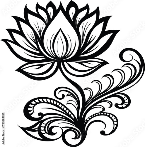 Elegant black and white lotus flower with decorative swirling stems and leaves