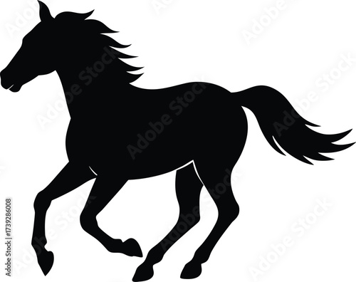 Black vector silhouette of a running stallion isolated on white, illustrating a galloping Arabian horse