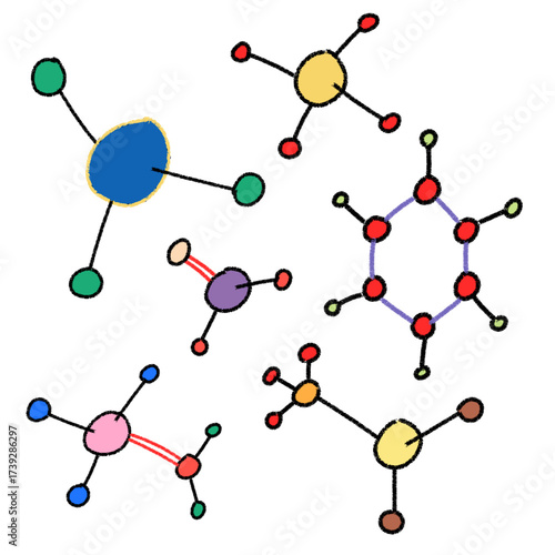 Colorful Chemical molecules hand drawn kids crayon vector illustration set.