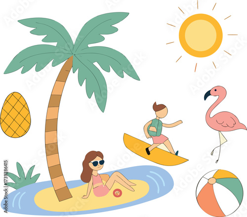 Tropical summer vacation fun with palm tree beach and activities