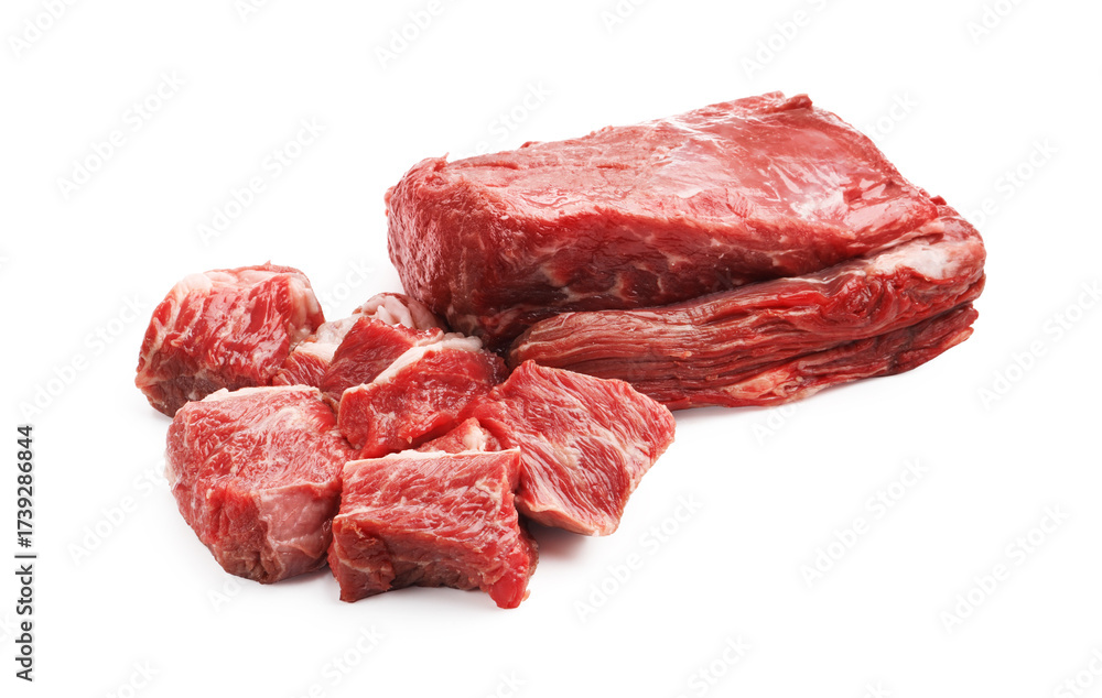 Fototapeta premium Pieces of raw beef meat isolated on white
