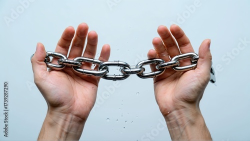 Strong metal chain suspended between two hands, with water droplets falling, symbolizing connection or division.