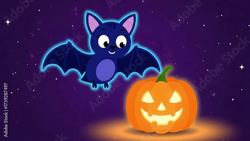 Halloween Night Scene with a Bat and a Glowing Pumpkin.