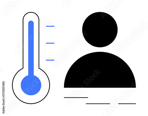 Thermometer with blue liquid indicating temperature levels beside a person icon silhouette. Ideal for health, fitness, monitoring, user profile, diagnostics, medical, measurement concepts. Simple