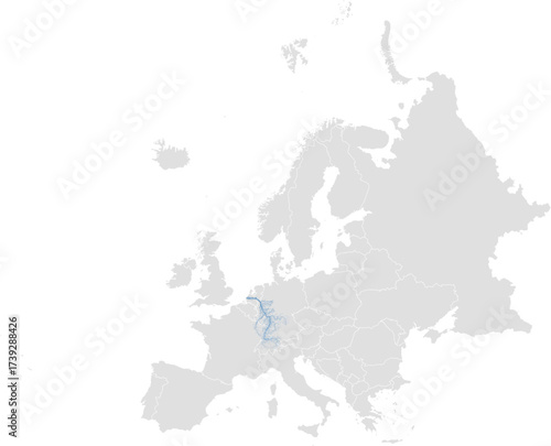 Rhine river system – rivers vector map of Europe highlighting main stem, primary and secondary tributaries (LAEA, scaled by river size, PPT-compatible, multi-layered & fully editable)