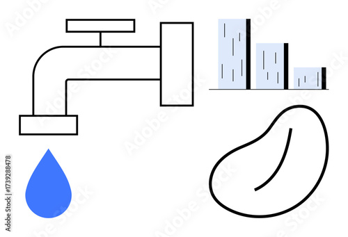 Faucet with a blue drop, bean outline, and bar chart representing resource management, growth, and sustainability. Ideal for conservation, agriculture, energy, data economy ecology simple flat