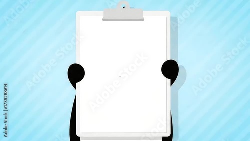 Panda Holding Clipboard with Blank Paper on Blue Background.