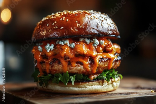 Chicken burger with spicy buffalo sauce and blue cheese crumbles