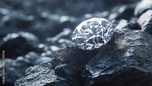 Faceted diamond rests on rough dark rocks