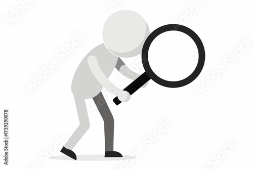 A business person cartoon character is using a large magnifying glass to focus on a 3D glass icon while intensely searching for a discovery during an investigation