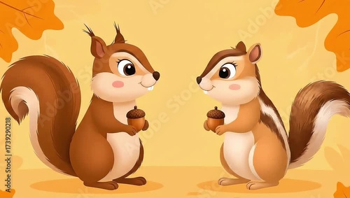 Two Cute Cartoon Squirrels Holding Acorns in an Autumn Forest Setting.