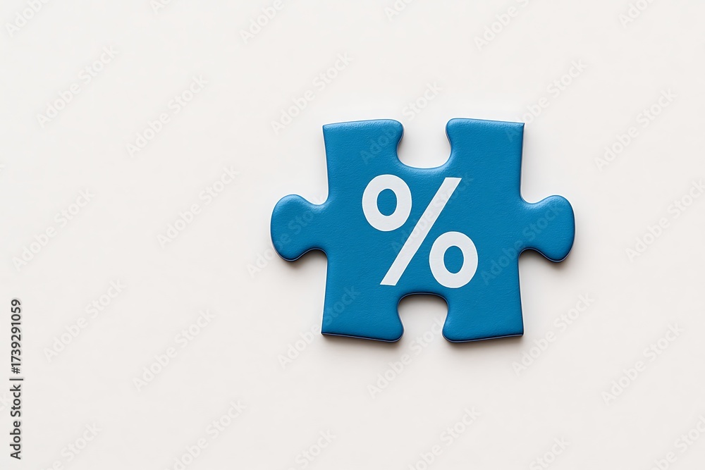 Obraz premium Puzzle piece with percentage symbol for business solution and problem solving concept. Connection idea and teamwork strategy with mathematical calculation and finance.