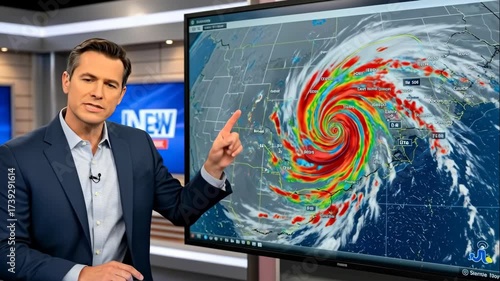 Male meteorologist presenting a hurricane forecast on a large screen map, delivering weather news and updates footage.