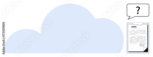Cloud background connected to a signed document in a speech bubble with a question mark. Ideal for technology, data storage, cloud computing, online security, file sharing, digital contracts