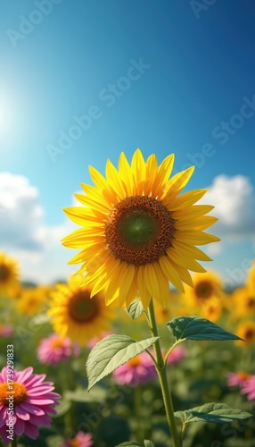 Bright yellow sunflower blooms in sunlit field with pink flowers. Blue sky and white clouds form background. Green stems and leaves are visible.