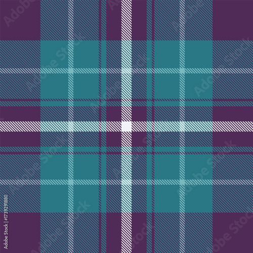 Classic tartan pattern in teal, purple, and white. A seamless, versatile textile design. Ideal for backgrounds, fashion, or traditional themes.