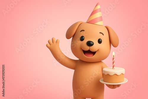 Realistic dog holding birthday cake with candle for celebration and pet birthday concept. Happy puppy with colorful party hat and cake on pink background.