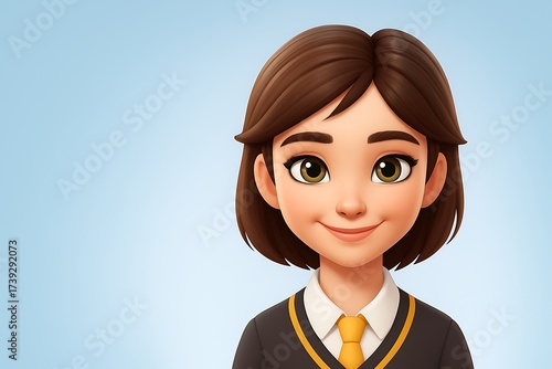 Cute 3D school girl with brown eyes and hair wearing uniform sweater and tie friendly smile positive child character isolated on solid light blue background happy kind