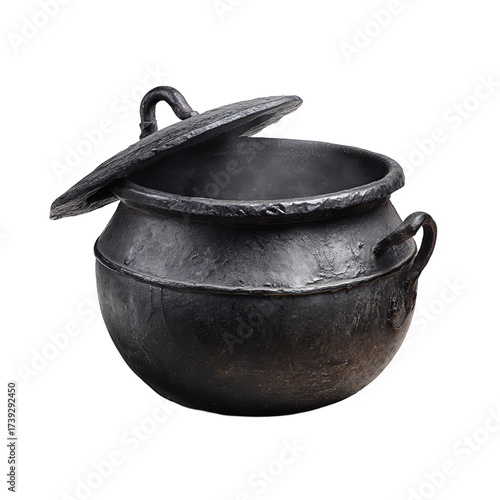Dark patina cauldron with rustic handle and classic rounded form isolated on transparent background.
