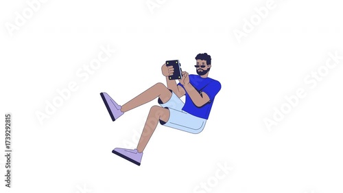 Black man using gadget buttons in relaxed pose 2D character animation. African american guy in casual clothes and sunglasses, interacting animated person cartoon 4K video isolated on white transparent