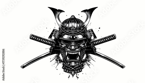 Samurai Mask Bold Monochrome Graphic with Crossed Katanas