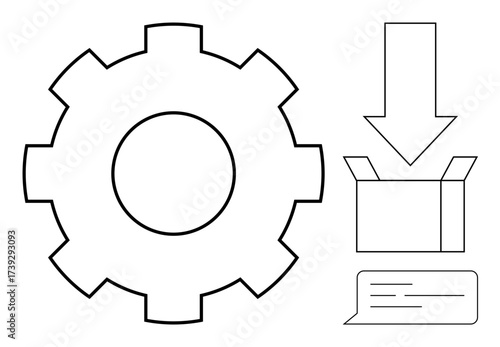 Gear connected to a downward arrow, open box, and speech bubble symbolizing workflow, support, communication, packaging, organization, teamwork feedback. Ideal for process management efficiency