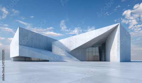 A modern concrete building with geometric shapes, clean lines, and an open space under a clear blue sky.