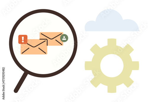 Magnifying glass focusing on emails with notifications, gear representing settings, and cloud symbolizing data storage. Ideal for communication, problem-solving, organization, system optimization