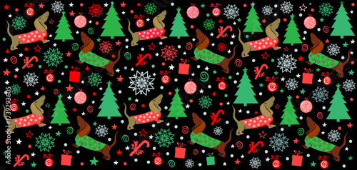 Cute dachshund  dog in winter costume seamless pattern. Christmas holidays background. Good for textile fabric design, wrapping paper, website wallpapers, textile, wallpaper and apparel. Vector 