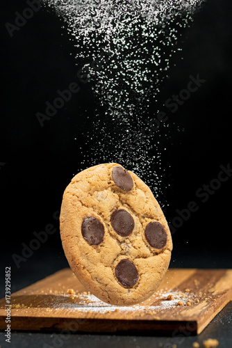 Chocolate chip bake sprinkled with flour and sugar, giving it a delicious feel.