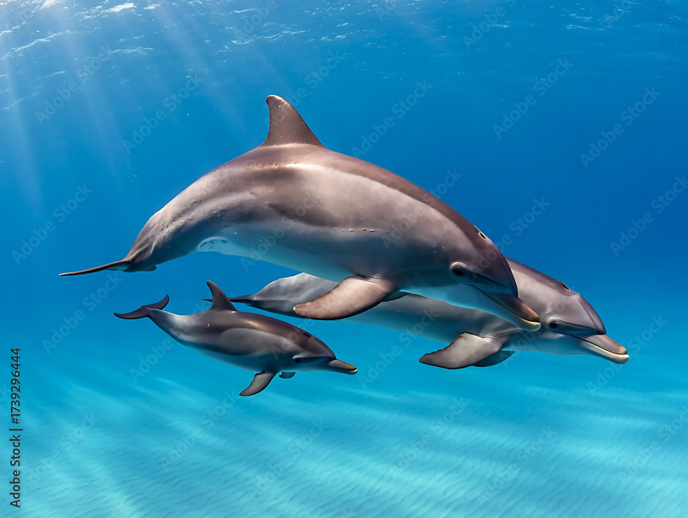 Naklejka premium Two dolphins swimming together in clear blue ocean water with sun rays