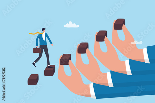 Ladder of success, help or mentor to assist employee to step up growth stair to career goal, challenge achievement or development, businessman hand help build growth stair step to improve journey.