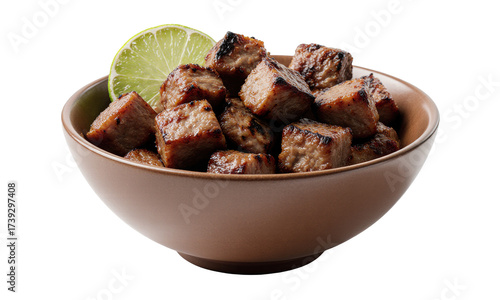 Grilled Meat Cubes with Lime Slice in Bowl