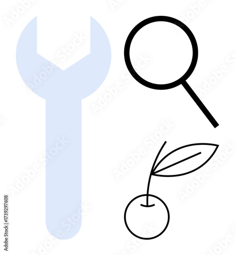 Black magnifying glass, blue wrench, and simple cherry illustration with leaves. Ideal for problem-solving, exploration, tools, sustainability, repair agriculture minimalism. Simple flat metaphor