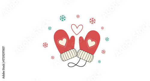 Cozy winter mittens with hearts and snowflakes for warmth and affection.