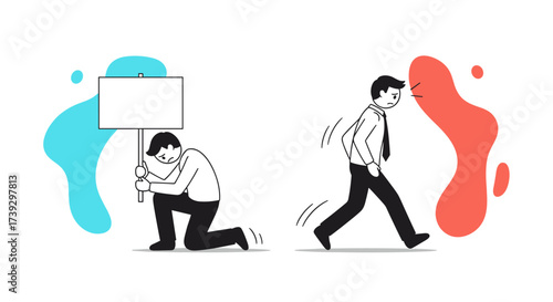A businessperson holding a blank sign while another businessperson walks away feeling discouraged.
