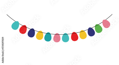 A string of colorful lights bulbs in various bright shades strung across a white background.