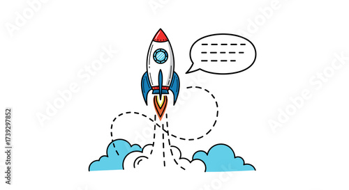 A rocket launching into the sky with a speech bubble indicating communication and progress towards new ventures.