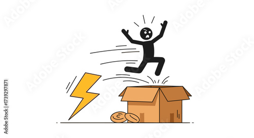 Man jumps from box with energy and excitement ready for action.