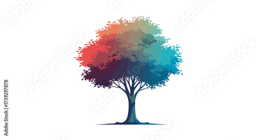 A vibrant tree with a gradient of colors from red to blue on a white background.