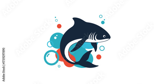 A stylized dark blue shark swims surrounded by colorful abstract circles and bubbles on a white background.