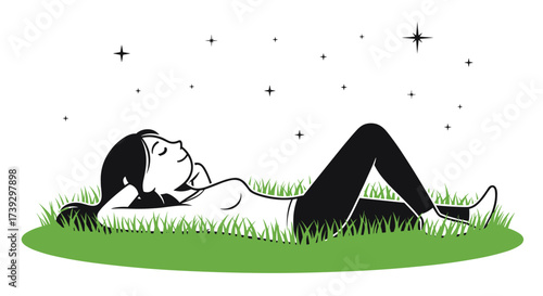 A woman lying in the grass looking up at the stars feeling peaceful and content.