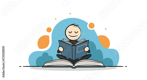A happy person reading a book while sitting in a lotus position surrounded by abstract shapes.