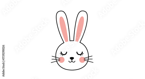 Cute white bunny face with closed eyes and pink cheeks smiling peacefully.