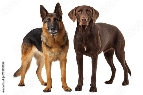 Two athletic dogs standing side by side, a shepherd and a hound, sleek glossy coats isolated on transparent background.
