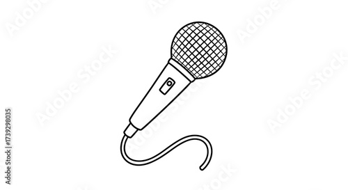 A simple black and white line drawing of a vintage microphone on a plain background.