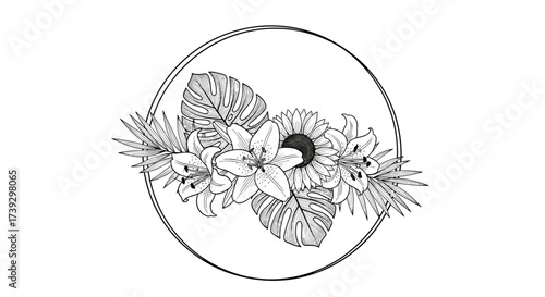 A delicate floral arrangement featuring lilies and a sunflower within a circular frame.