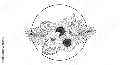 A stunning black and white illustration of sunflowers and lilies arranged artfully within a circular frame.