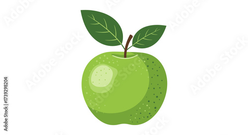 A single bright green apple with two leaves attached to its stem on a white background.