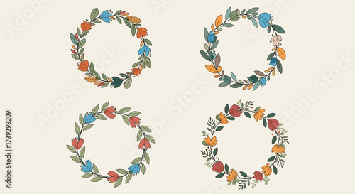 A delightful collection of four hand-drawn floral wreaths perfect for any design project.